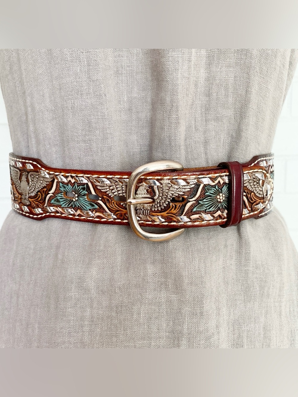 Vintage Brazos Joe Belt Size 26"-29" Leather Eagle Western Silver Embossed Wide